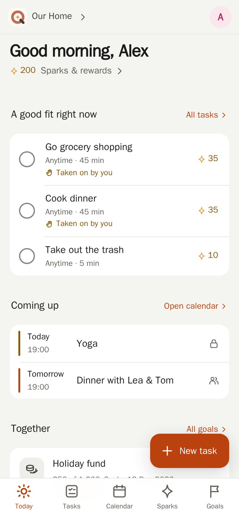 Questmio on a phone: the Today page with tasks, events and the shared goal